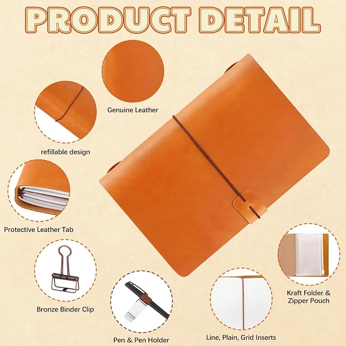 Thenshop Travelers Refillable Leather Journal Notebook Travel Diary Handmade Passport Travelers Journal for Men and Women with 3 Notebook Inserts, Pen Holder, Binder Clip(Orange,A5 Size)