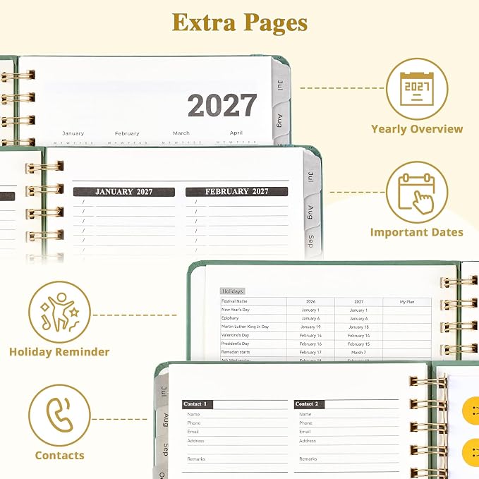 JoyCat Academic Planner 2026-2027, A5 Weekly & Monthly, Green | July 2026-June 2027 A5 planner combines weekly and monthly layouts, tabs, grid notes and sticker sheets.