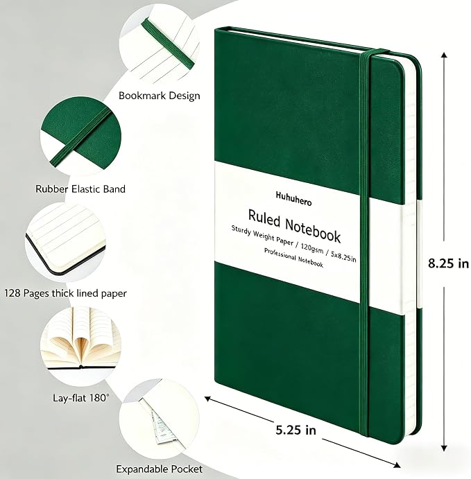 Huhuhero Lined Journal Notebook, A5 Hardcover Green Journals for Writing | 5.25"×8.25" Journaling Notebooks for Men Women, 120gsm Thich Paper College Ruled Journal for Work Office School (1, Green)