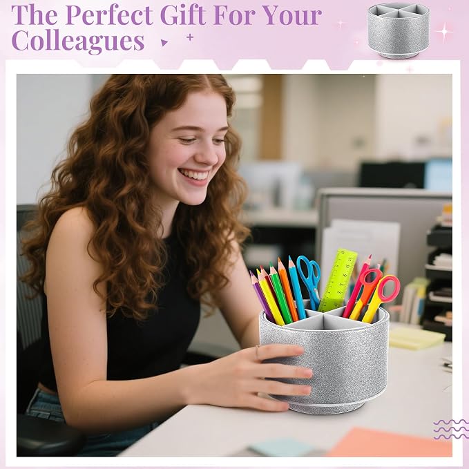 Epakh PU Leather Glitter Pen Holder 360 Degree Spinning Silver Bling Pencil Cup Gift for Teacher Women Girls Makeup Brush Organizer Cup Desk Office Classroom Home Back to School Festival (6 Inch)