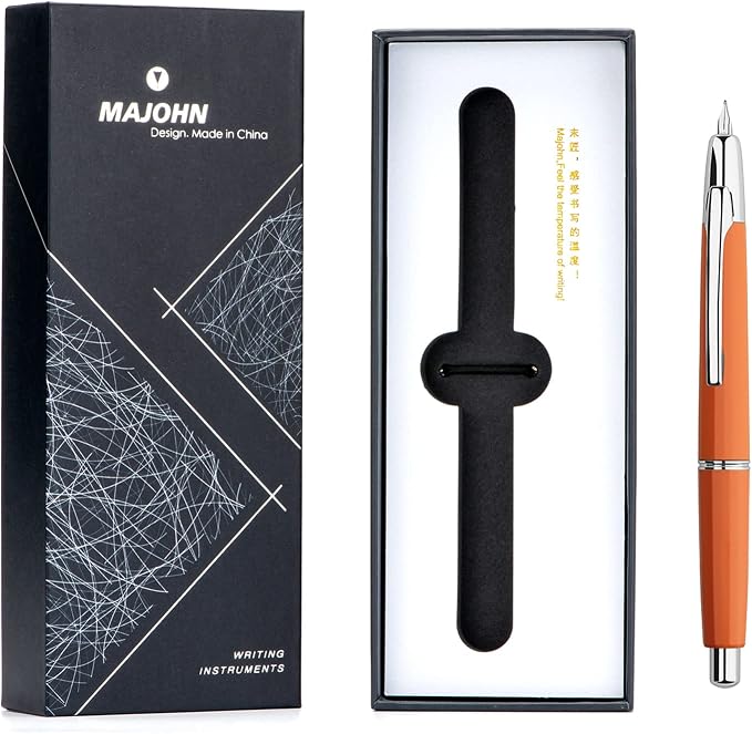 erofa Majohn A2 Press Fountain Pen Extra Fine Nib with Box, Retractable Orange Resin Ink Pen with Converter Writing Pen Set (Silver Clip Version