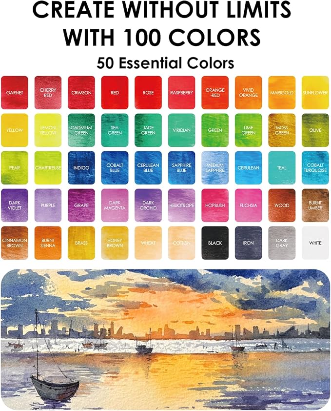 Grabie 100 Colors Premium All-In-One Watercolor Paint Set - 50 Essential, 35 Metallic, 10 Pastels, 5 Neon Hues - Portable Case, Brush Pens, Paper Pad, Waterproof Fineliner Pen, Beginner & Professional, Set of 100
