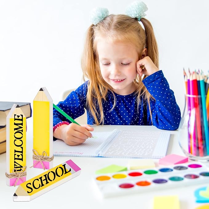 Whaline 11Pcs Pencil Name Plates Set Back to School Blank Wooden Desk Sign with Marker Pen and English Letter Template Pencil Personalized Name Sign for School Classroom Desk Decor