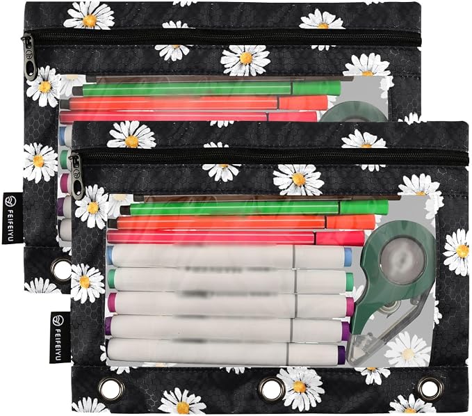 White Daisy Flower Black Pencil Pouch for 3 Ring Binder 2 Pack Zipper Binder Pencil Bag with Clear Window Pencil Case for Office Supplies