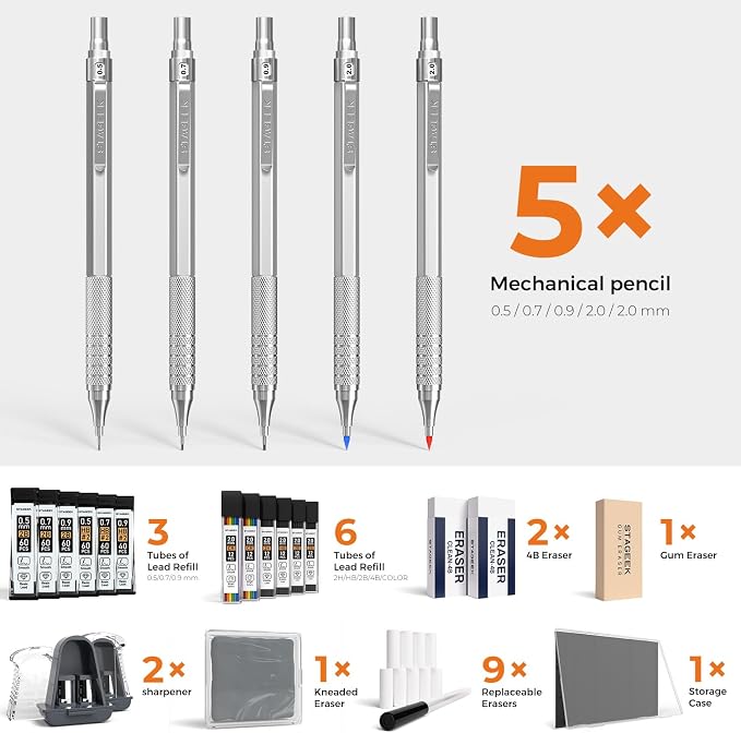 STAGEEK 25PCS Art Mechanical Pencil Set, 3PCS Metal lead pencil 0.5, 0.7, 0.9, 2PCS 2mm Drawing Pencil (HB 2H 2B 4B Color) with 392PCS Graphite Leads, Eraser with Case for Drafting Drawing Writing