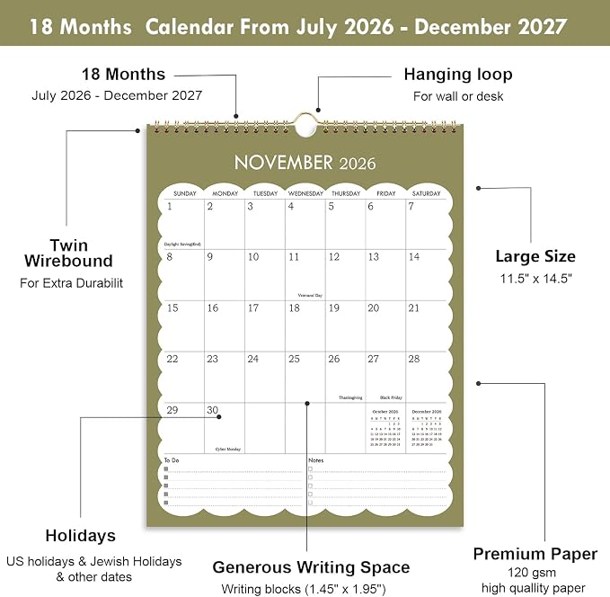 2026-2027 Wall Calendar - 2026 Vertical Wall Calendar Runs from Now to June 2027, 11.5" x 14.5", Strong Twin-Wire Binding, Thick Paper, Modern Calendar for Office, School, Home