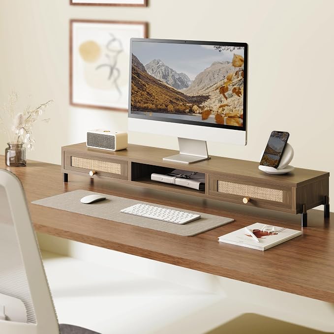 Fenge Dual Monitor Stand, Wooden Riser With Rattan Woven Flip Drawers | 2-Tier Monitor Riser, 42.5in Long Desk Shelf for 2 Monitors, Vintage Computer Stand for Laptop, Printer, TV, Brown