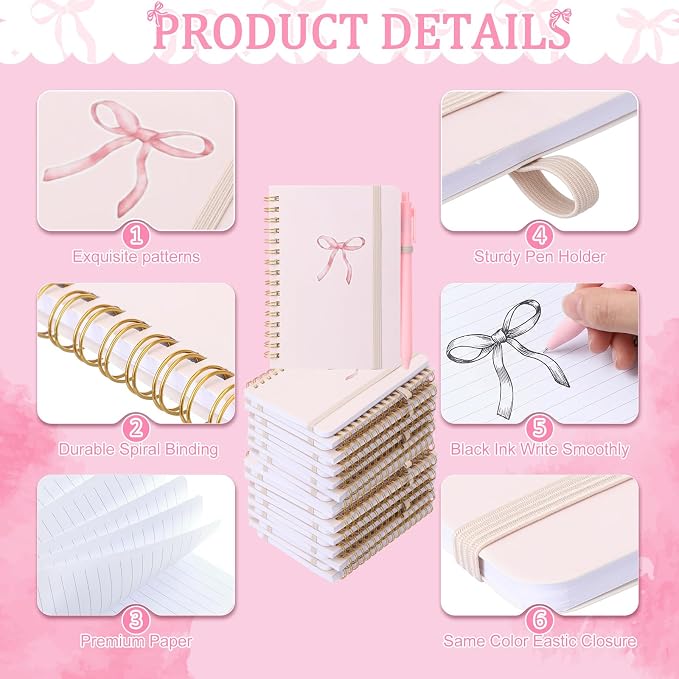 Fulmoon 24 Set Pink Bow A6 Spiral Notebook with Ballpoint Pens 50 Sheets, 4"x 6" Small Bow College Ruled Coquette Notepads Journaling Notebooks Bulk for Back to School Supplies Offices Team Gifts