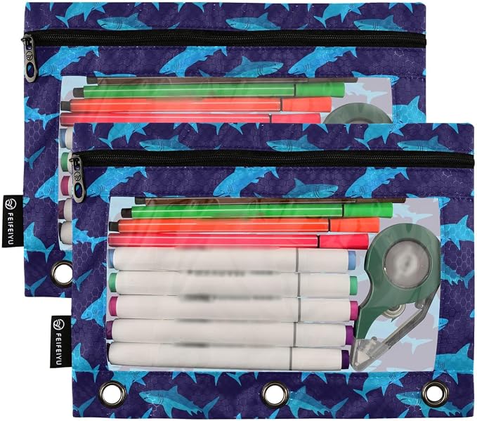 Gredecor 3 Ring Binder Pencil Pouch, Funny Shark-1 Zippered Pen Case Pouches with Clear Window, 2 Pack Stylish Office & School Supplie