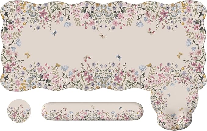 iCasso Desk Mat Set,Large Mouse Pad with Wrist Rest,Ergonomic Keyboard Wrist Support for Women,Girly Floral Computer Mat with Scalloped Edges,Non-Slip Desk Pad Home Office Gaming (Beige)
