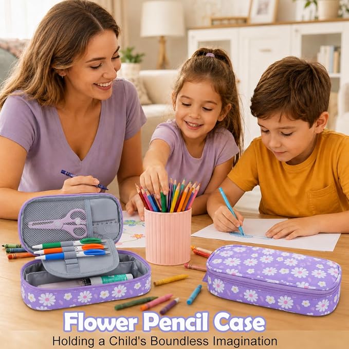 RHCPFOVR Kids Pencil Case for Girls-Soft Zipper Large Capacity Pencil Pouch for Girls Pencil Case for School Pencil Bag for Toddler (Purple Flower)
