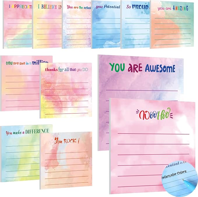 Yinder 12 Pcs Inspirational Sticky Notes, Back to School Supplies, Cute Motivational Sticky Notes Pad Employee Appreciation Gifts Bulk for Teacher Coworker Office 3 x 3'' (Appreciation,Watercolor)