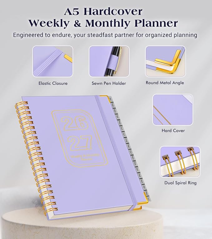 Planner 2026-2027, 18 Months Weekly and Monthly Hardcover Planner, January 2026 - June 2027, 5.75" x 8.38" A5 Daily Calendar Planner Book with Tabs, Spiral Yearly Agenda Organizer Notebook for School Work Home, Purple