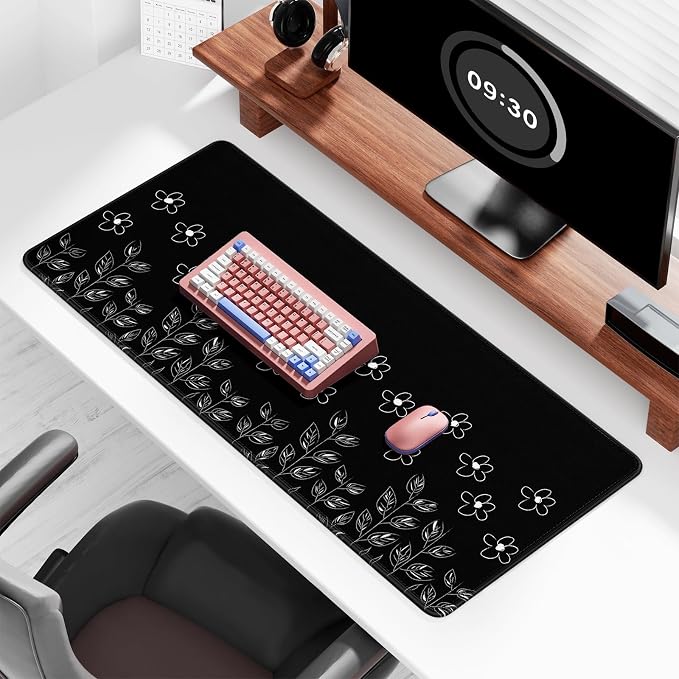 Auhoahsil Desk Mat, Ultra Large Mouse Pad, XXL Gaming Mousepad, Pretty Desk Pad, Big Extended Full Size Desktop Desk Matt for Keyboard, Laptop & Computer, 35.5 x 15.7 in, Minimalist Flower Black