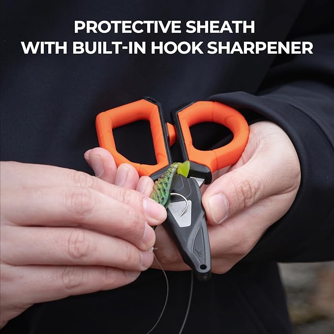 KastKing Paradox 6-inch Fishing Scissors for Braided Fishing Line | Fishing Line Cutters With Stainless Steel Blades and Non-Slip Rubber Handle, Protective Sheath With Built-in Hook Sharpener