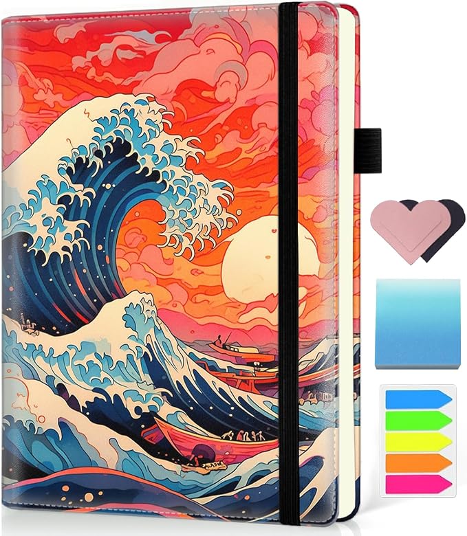 Hardcover Executive Notebooks, A5 PU Leather Lined Journal Notebook, 200 Pages Thick Paper Subject Notebooks for School,Work,Home Writing Business Notebook, Diary Book ， Waves