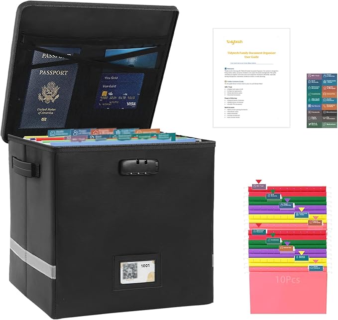 Next of Kin Box Organizer with Labels,Estate Planning Organizer Kit | Fireproof Home & Office Organization with Family Document Guide,Foldable Document Organizer for Family,Combination Lock
