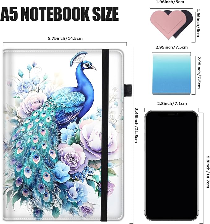 Hardcover Executive Notebooks, A5 PU Leather Lined Journal Notebook, 200 Pages Thick Paper Subject Notebooks for School,Work,Home Writing Business Notebook, Diary Book ，Peacock and Flowers