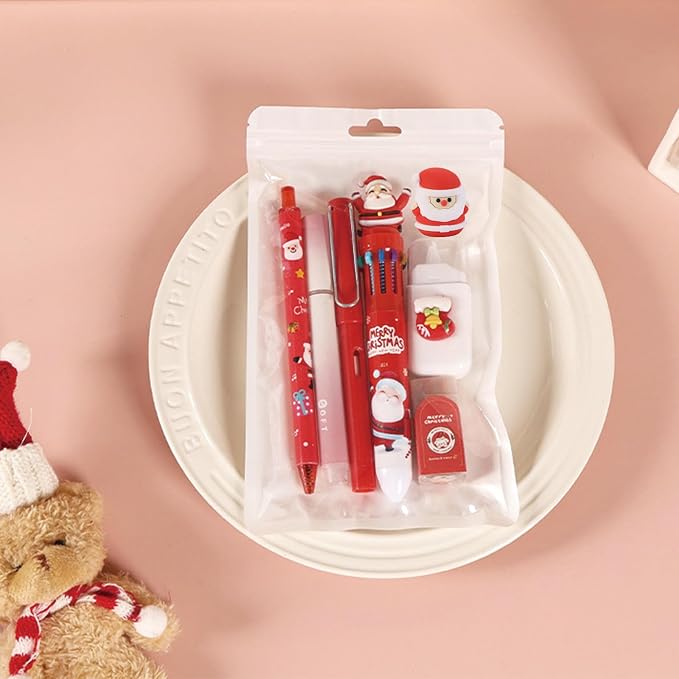7 Pcs Cute Xmas Stationery Set Kawaii Christmas School Supplies Office Supplies Including Ballpoint Pens Pencil Sharpener Highlighter Correction Tape Eraser (X-mas(Red))