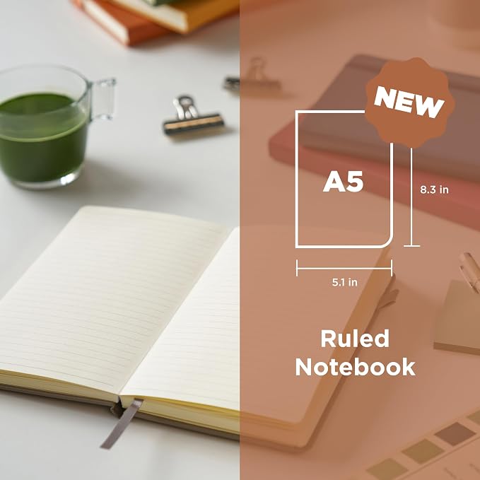 Sakura Notebook Ruled A5 - Japanese-Inspired Lined Notebook for Effortless Writing - 140 GSM Paper - Hardcover - Built-in Pen Holder - Expandable Inner Pocket - Flat-Lay - 5.1 x 8.3" - Cinder