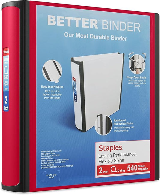 Staples Better Binder, 2" D‑Ring Heavy‑Duty 3‑Ring Binder, Red, Reinforced Spine, Holds 540 Sheets, Durable for Office, School & Presentations, 2‑Pack