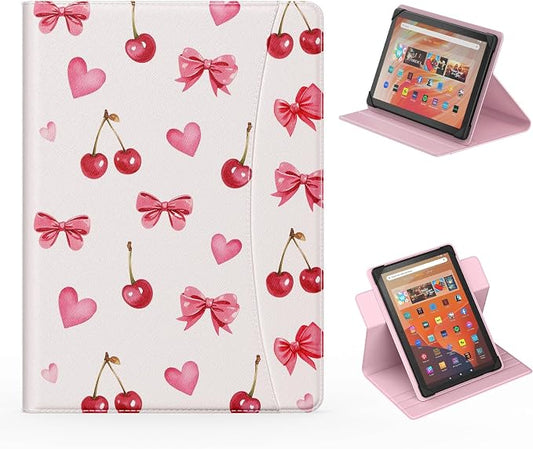 MoKo for Universal 11 inch Android Tablet Case with Pen Holder, Cherry Bow | Fits All 9.6-11 inch Tablets, Slim 360 Degree Rotating Cover, Multi-Angle Stand, Front Pocket, No fit iPad/NO back opening