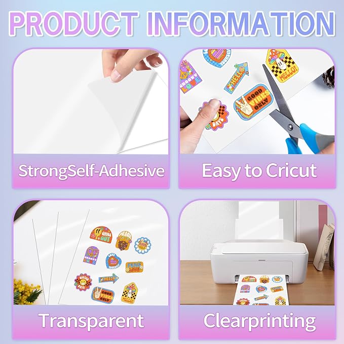 STARLIBOO Clear Printable Sticker Paper, 25 Sheets Printable Clear Sticker Paper, Laser/Inkjet Printing-Letter Size (8.5" x 11")