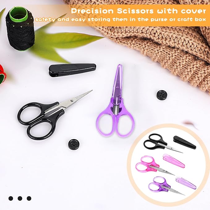 3Pcs Small Craft Scissors Sharpest Precise Stainless Steel Cutting Scissor All Purpose Craft Scissors with Protective Cover for Paper Cutting Sewing Crafting Cross Stitch Crochet(Pink Purple Black)