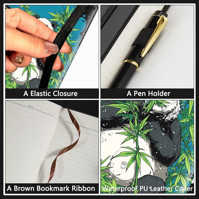 A5 Leather Lined Journal Notebook, 200 Pages Hardcover Executive Notebook for Men Women Office School Note Taking, Thick Writing Paper Daily Journal with Bookmarks/Indexes, Panda Bear Hippie