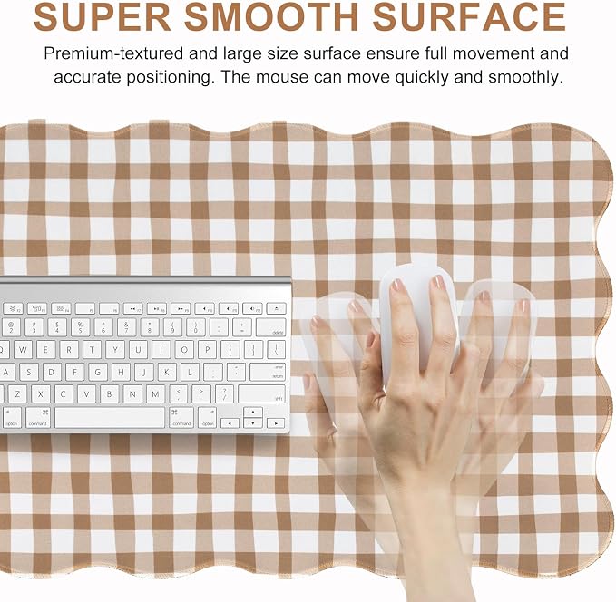L-SPOUTTO Brown Checkered Mouse Pad,Cottagecore Scalloped Desk Mat XXL Large Cute Gingham Gaming Mousepad,35.4x15.7in Non-Slip Keyboard Pad Waterproof Desktop Mat for Laptop Computer Game Home Office