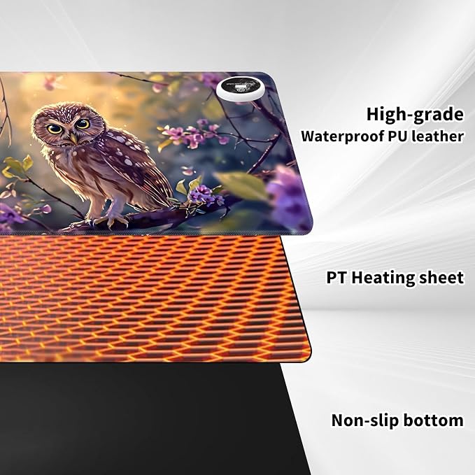 Warm Desk Pad,Heated Desk Pad,Office Mat,3 Heating Levels & 3 Hours Auto Shut-Off,31.5"*13" Gaming Mouse Laptop Keyboard Leather Desk Mat,Cute Owl Purple
