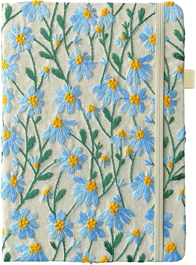 A5 Notebook, Flower Journal, Embroidered Notebook, 8"x6", Hardcover, Lay Flat, Lined, Wide Ruled Paper, Personalized Notebook, Pretty Journal, Daisy Gifts for Women, Blue, with Elastic Band