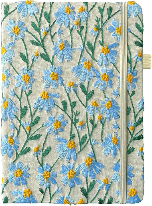 A5 Notebook, Flower Journal, Embroidered Notebook, 8"x6", Hardcover, Lay Flat, Lined, Wide Ruled Paper, Personalized Notebook, Pretty Journal, Daisy Gifts for Women, Blue, with Elastic Band