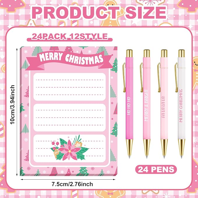 Eaasty 48 Pcs Pink Christmas Notepads and Ballpoint Pens Pink Christmas Gifts Bulk Cute Xmas Notebook Appreciation Gifts for Women Teachers Coworkers Employee Students Office