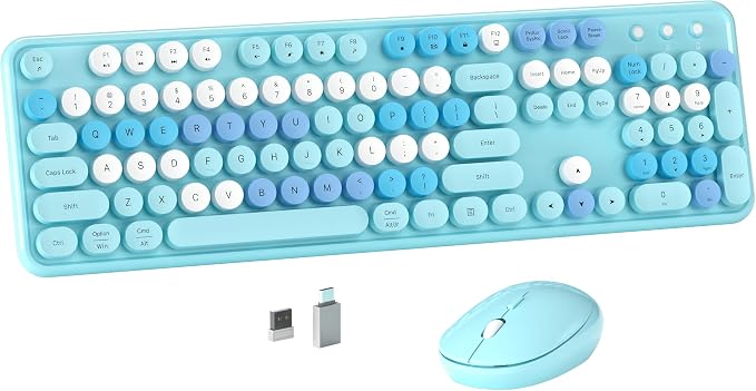 MPTOG Colorful Wireless Computer Keyboard and Mouse Combo (Blue-Colorful) | Retro Round Typewriter Keycaps, Power Switch, Ergonomic Design, 2.4GHz Wireless for Windows, Mac, PC