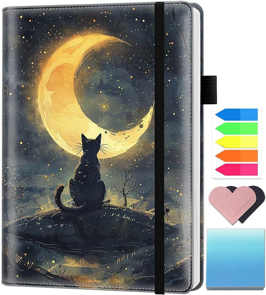 A5 Leather Lined Journal Notebook, 200 Pages Hardcover Executive Notebook for Men Women Office School Note Taking, Thick Writing Paper Daily Journal with Bookmarks/Indexes, Cat Under The Stars