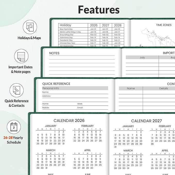 SUNEE 2026-2027 Pocket Weekly Planner for Purse 3.5" x 6" - 12 Month (July 2026 - June 2027) Academic Year Calendar, Pocket Size Planner, Hardcover, Note, 100 GSM Paper, Deep Green