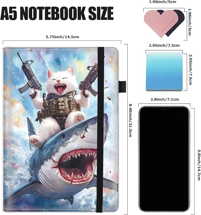 Hardcover Executive Notebooks, A5 PU Leather Lined Journal Notebook, 200 Pages Thick Paper Subject Notebooks for School,Work,Home Writing Business Notebook, Diary Book ，Cat with Guns Riding Shark