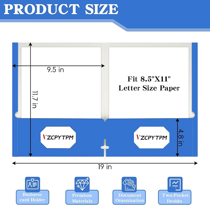 VZCPYTPM 50 Pack Royal Blue Folders with Pockets,2 Pocket File Folders | Fit Letter Size (8.5 x 11 Inch),Professional Design with Business Card Slot for Office and School Organization