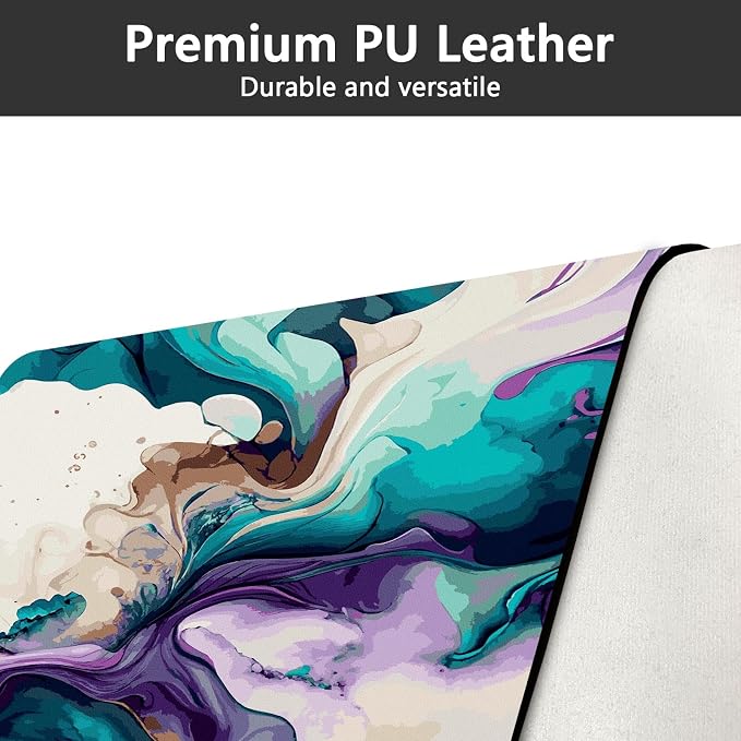 Britimes Teal and Purple Liquid Marble Desk Mat Colorful Deak Pad Non-Slip PU Leather Large Keyboard Mouse Pad Office Desktop Accessories for Office,Work,Home Decor(31.5"X15.7")