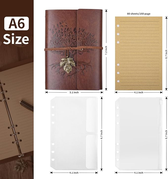 Billtigif Leather Journal Notebook, Refillable Travelers Notebook with Transparent Bag, 160 Pages, 5.1" x 7.2" Vintage Journal, Graduation Gifts for Women and Men (Brown, A6)