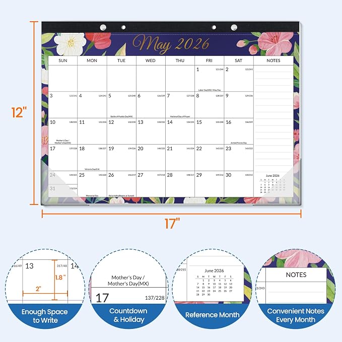 SUNEE Desk Calendar 2026-18 Month Calendar Apr. 2026 - Sep. 2027, 17" x 12" Calendar 2026 with Notes, for Planning, Organizing in Family, School or Office - Colorful Floral 2026 Calendar