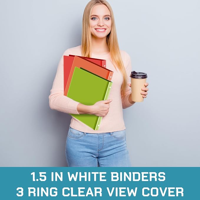 Fulmoon 6 Pack Plastic 3 Ring Binder Assorted Colors Economy Flexible Round Ring Presentation Binders with Pocket for Office School Meeting(1.5 Inch,Rainbow Colors)