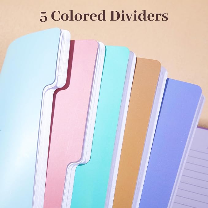 Hardcover Spiral Notebook with Tabs 8"x10" Large Spiral Lined Journals for Women with Dividers 240 Pages College Ruled Composition Notebook 5 Subject Notebook for Work, Back to School, Gifts, Purple