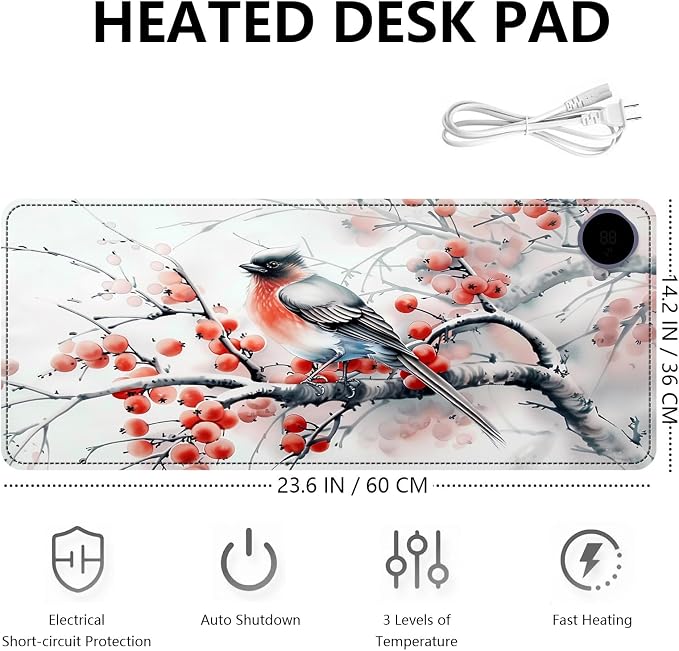 Heated Mouse Pad with 3 Levels Heated & 3 Hours Auto Shut-Off Mouse Pad for Warming Hands in Office Home, 23.6" x 14.2"Large Safe Desk Mat Hand Warmer，Ink Magpie