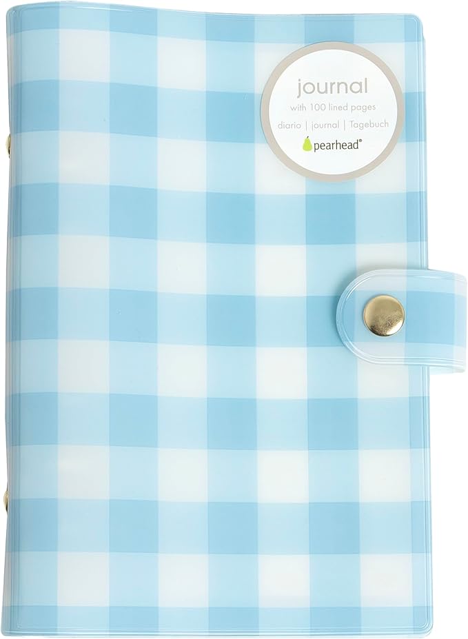 Pearhead Blue Gingham 5x7 Binder Journal with Snap Closure – 1 Inch Round Ring 6 Ring Refillable Notebook – 100 Lined College Ruled Pages, Thick 100 GSM Paper – Small PVC Planner Organizer, Journal Gift For Women