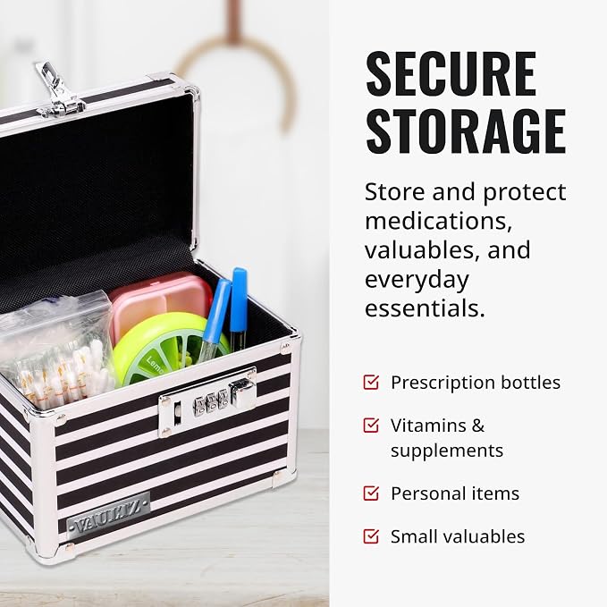 Vaultz Locking Medicine Box with Combination Lock - Secure Metal Lock Box Safe for Medication, Pills & Valuables, Small Lockbox with Code, Portable Storage Case, Striped | Metal lock box, storage case for medication and small valuables, 3-digit combina...