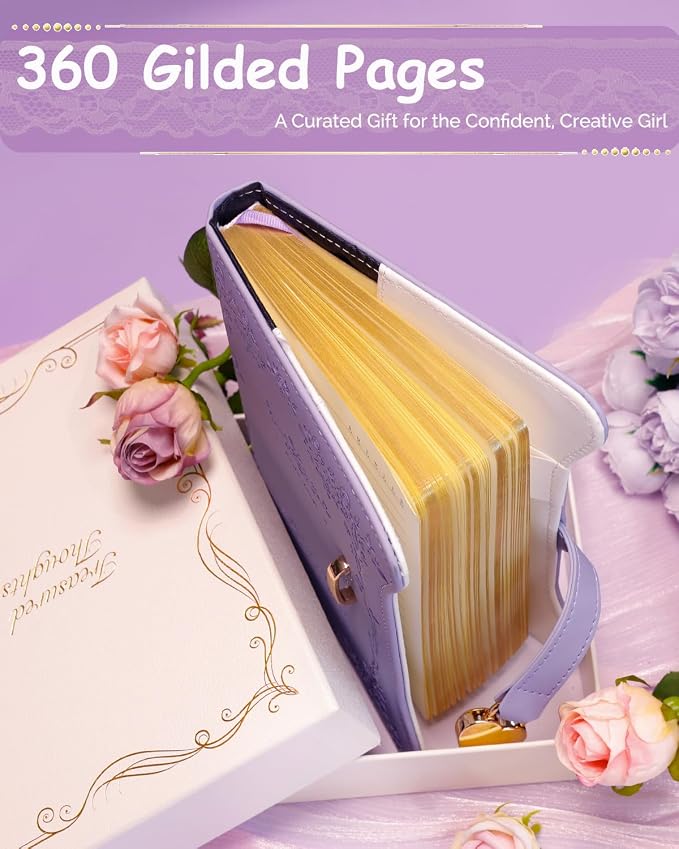 Hoci Poci Diary with Lock and Keys for Girls Gift Ideas, 360 Pages Journal | Elegant Gift Box for Teen Girls, B6 Gold Edged Pages Refillable Notebook with Pen and Bookmark for Writing, Garden Purple