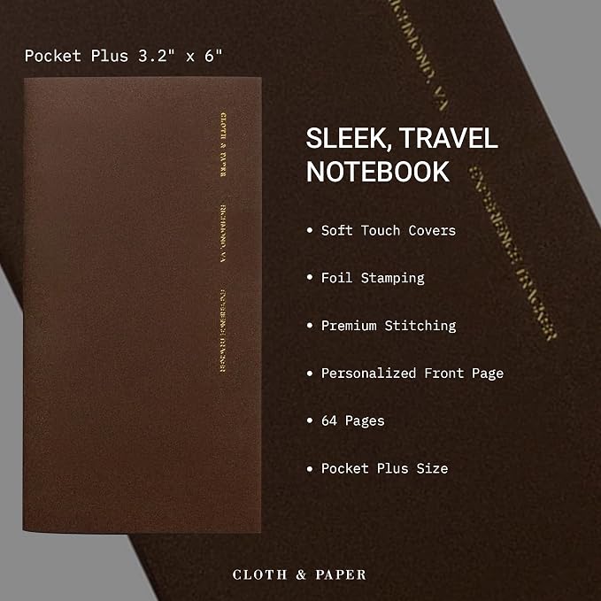 Cloth & Paper Travel Notebook | Experience Journal Tracker – Walnut | Pocket Plus Travel Journal Notebook 3.2" x 6" | Experience Log for Restaurants, Travel, Places & Activities – Soft Touch Cover
