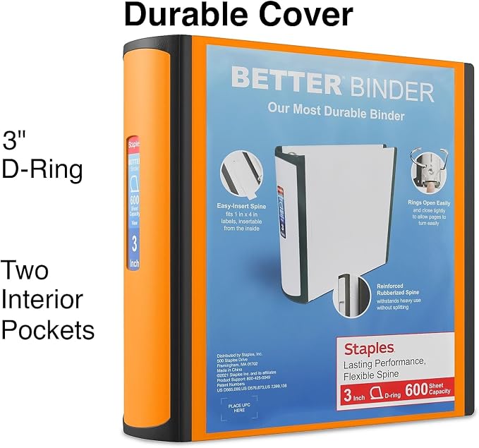 Staples Better Binder 3 Inch 3-Ring Binder, Orange, Wide Spine View Binder with Locking Rings, Durable Office Binder, 2 Pack